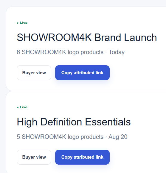 Real SHOWROOM4K presentation cards with Buyer view and Copy attributed link controls